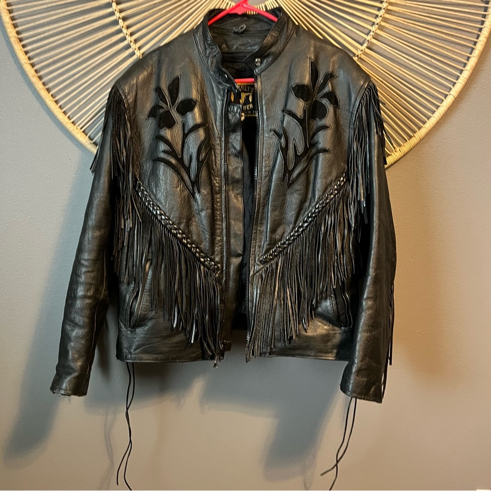 Barneys Leather Jacket with Fringe and Floral Design